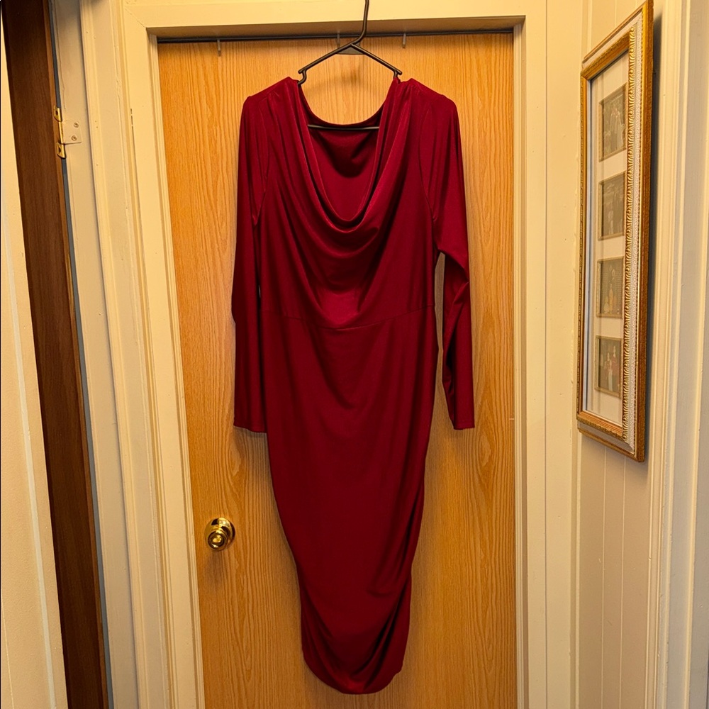 SHEIN Burgundy Draped Long Sleeve Dress